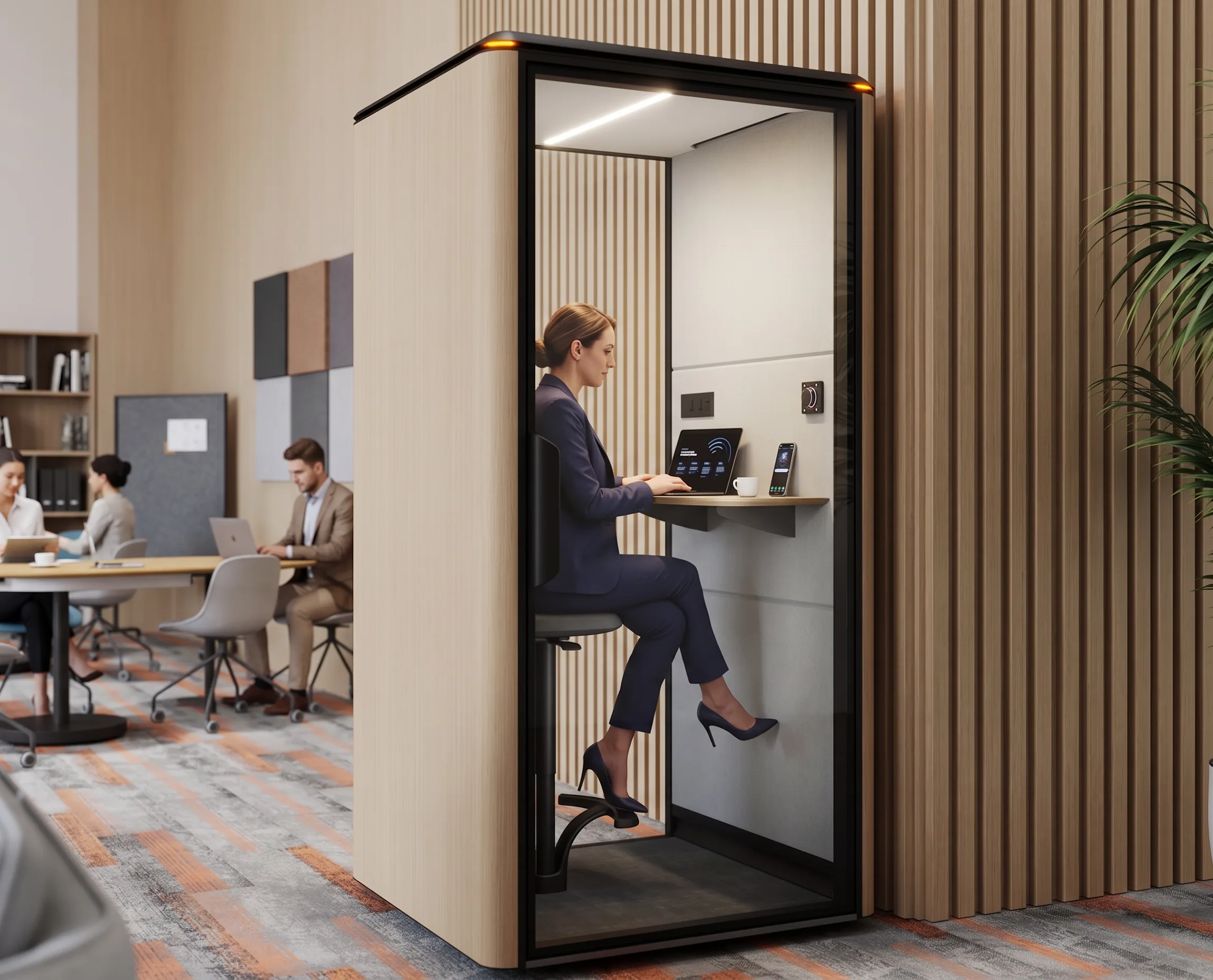 Cabina acustica monoposto rivestita in legno chiaro, con piano d'appoggio, sgabello alto e presa a muro, aperta su un open space