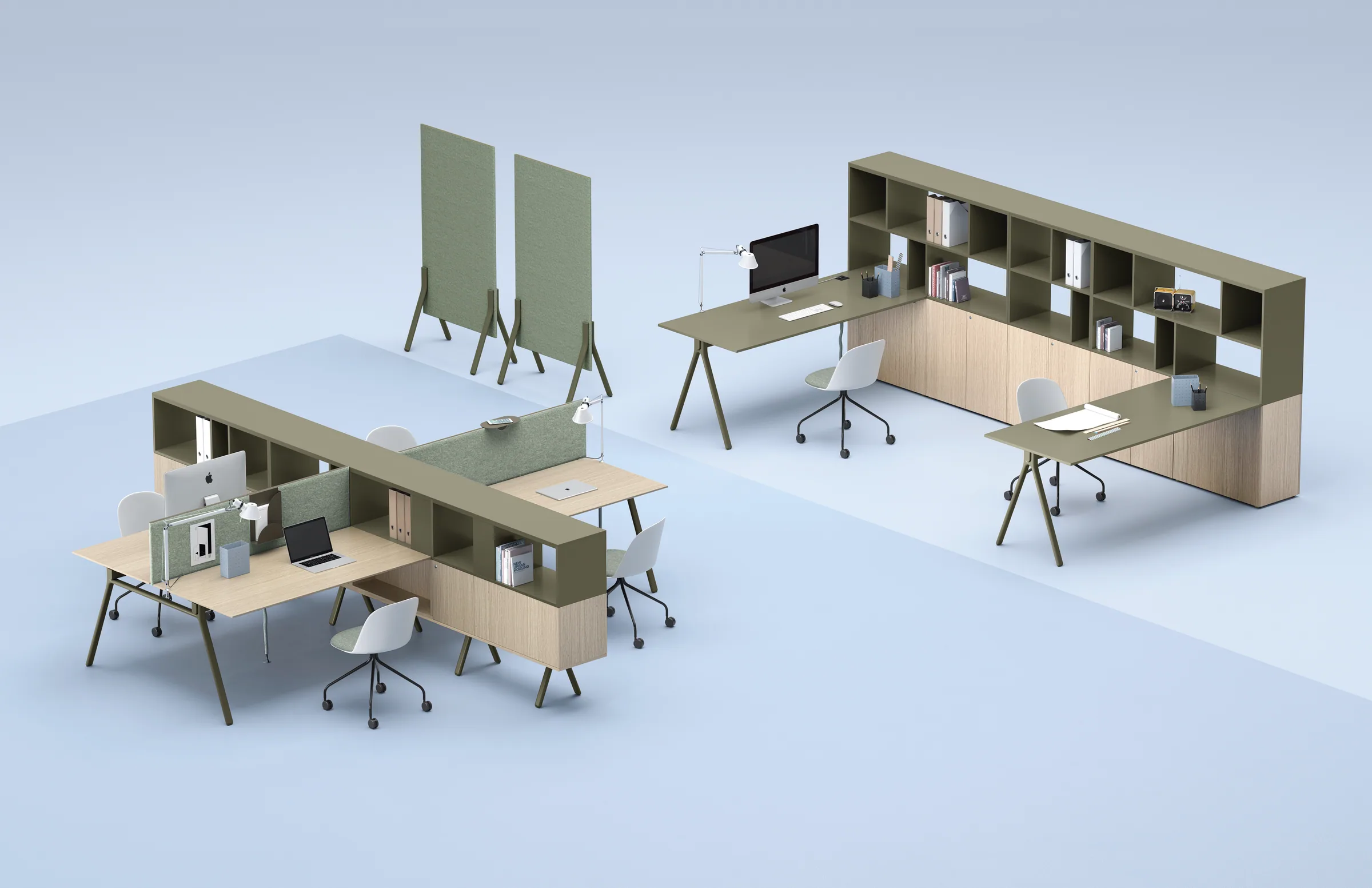Due isole di postazioni Sigma in rovere e verde salvia con contenitori bassi in continuità, schermi divisori e libreria a giorno