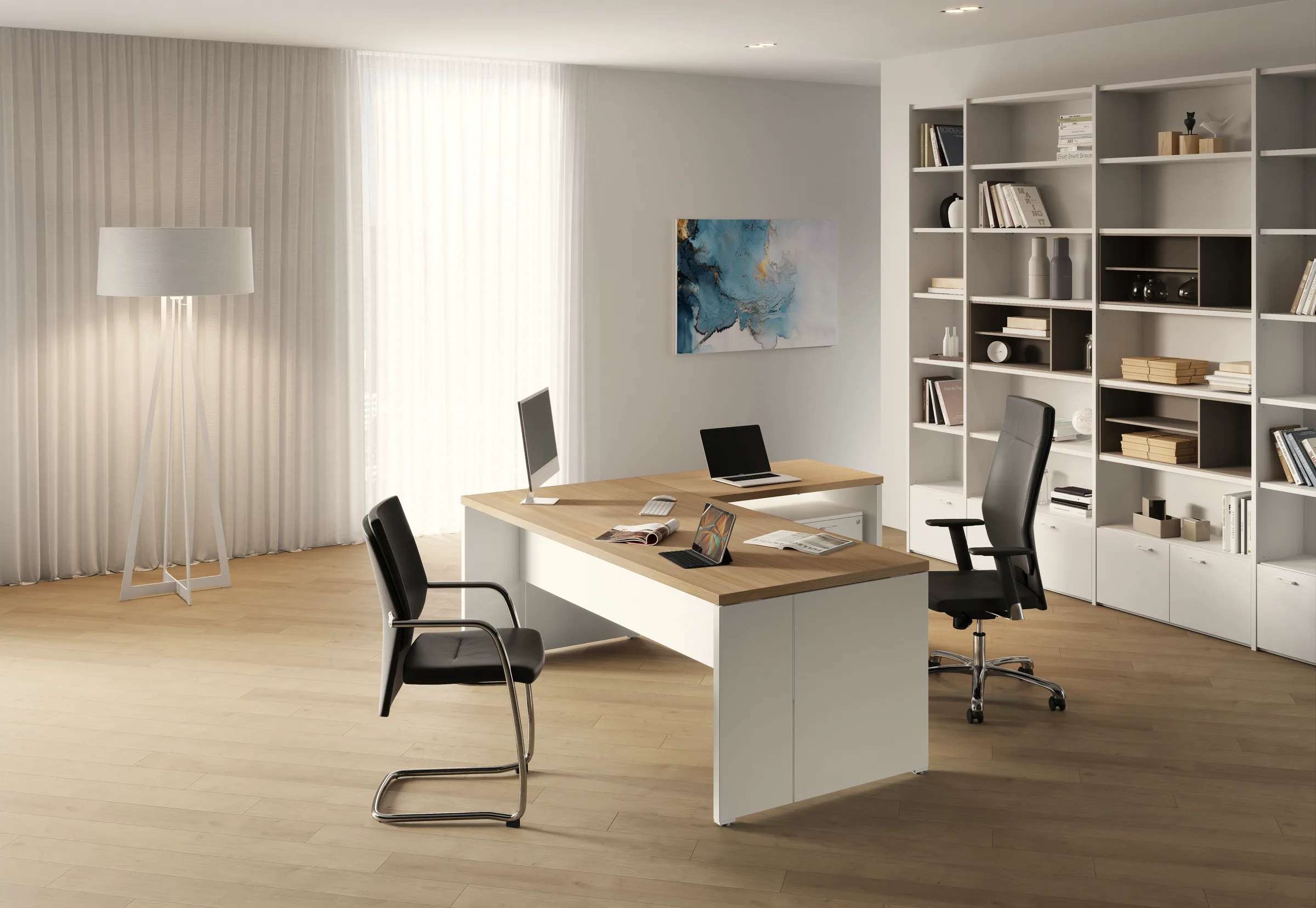 Scrivania direzionale linea Gamma con piano in rovere chiaro e fianchi di supporto color bianco, con allungo.