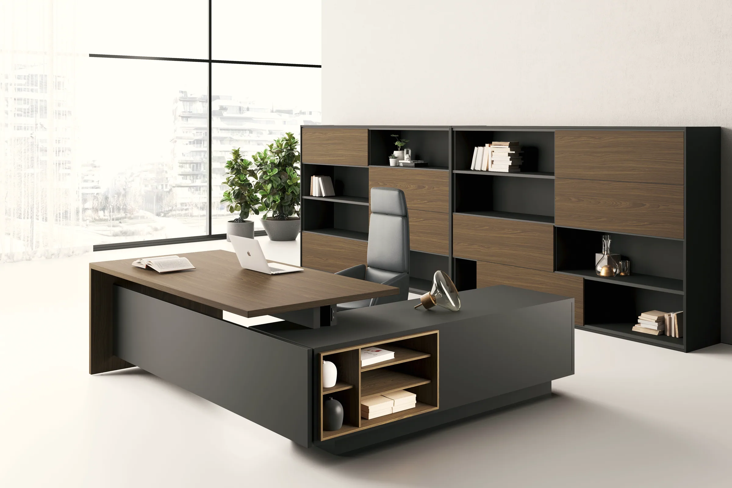 Composizione direzionale Gotha: piano con fianchi e mobile di servizio basso e contenitori a giorno