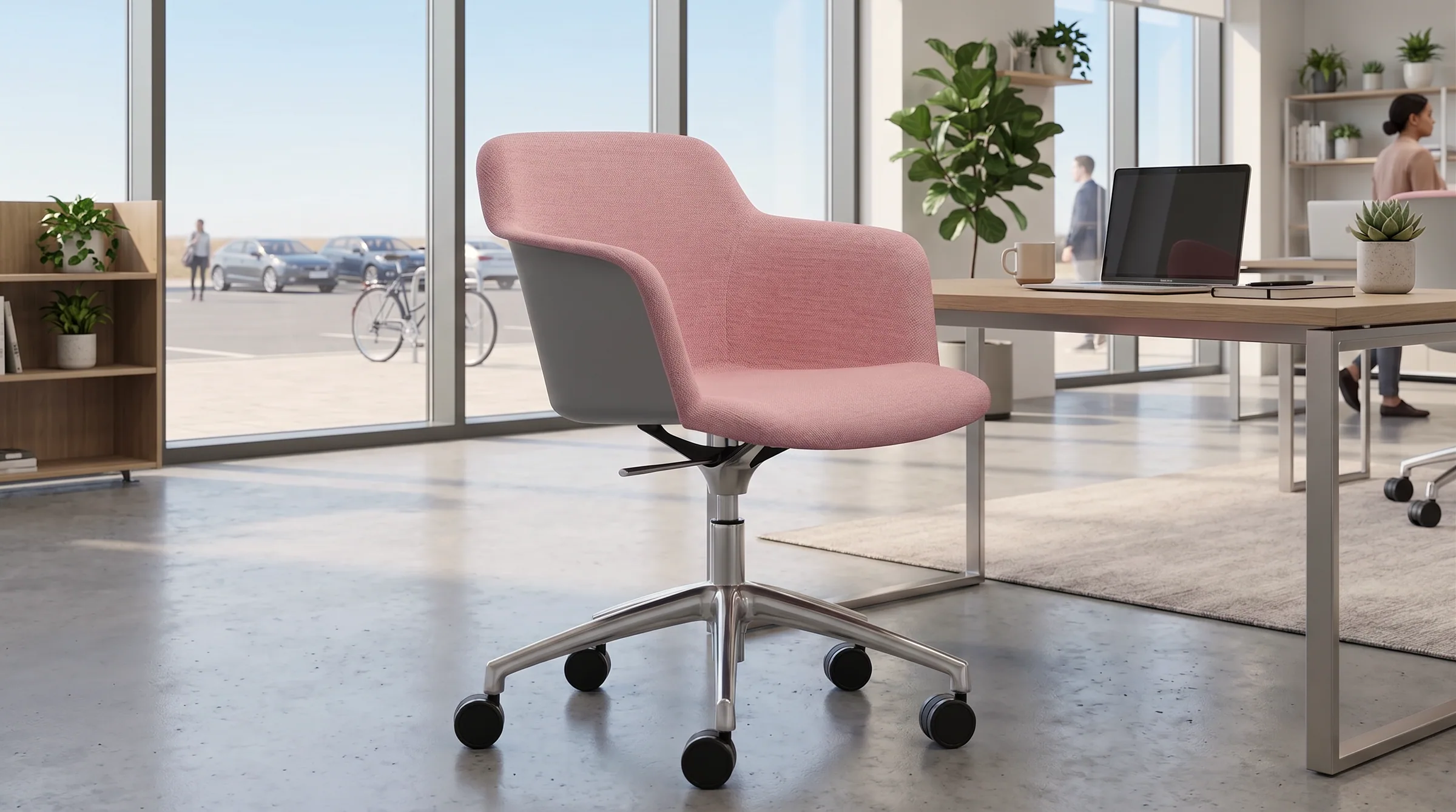 Sedia Handy imbottita in tessuto rosa davanti, retro della scocca grigio a vista, base girevole cromata.