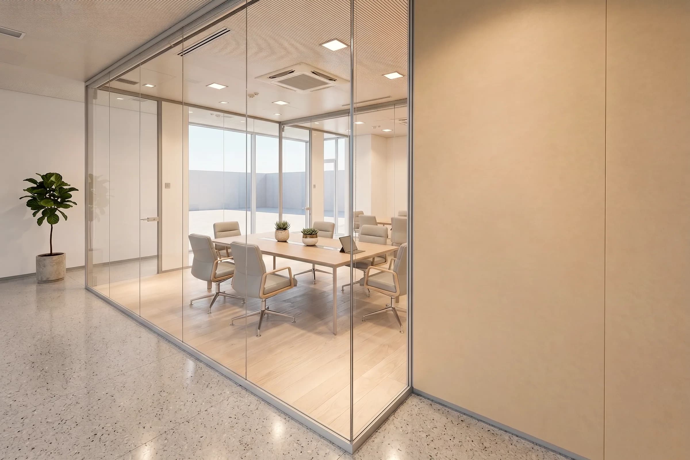 Pareti divisorie in vetro trasparente delimitano una sala riunioni luminosa con profili chiari e sottili.