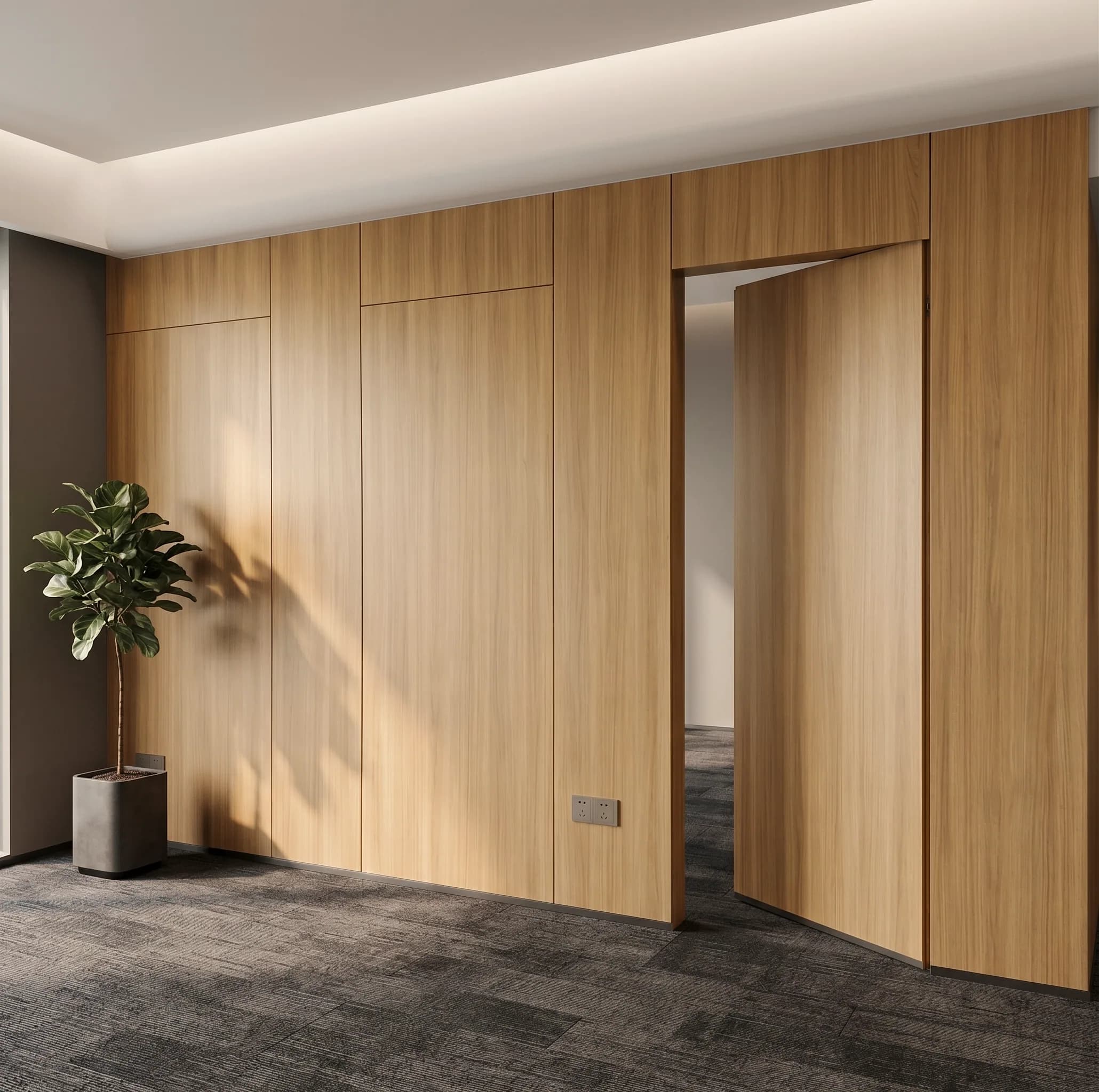 Parete divisoria modulare cieca con pannelli in melaminico effetto legno e porta integrata a scomparsa.