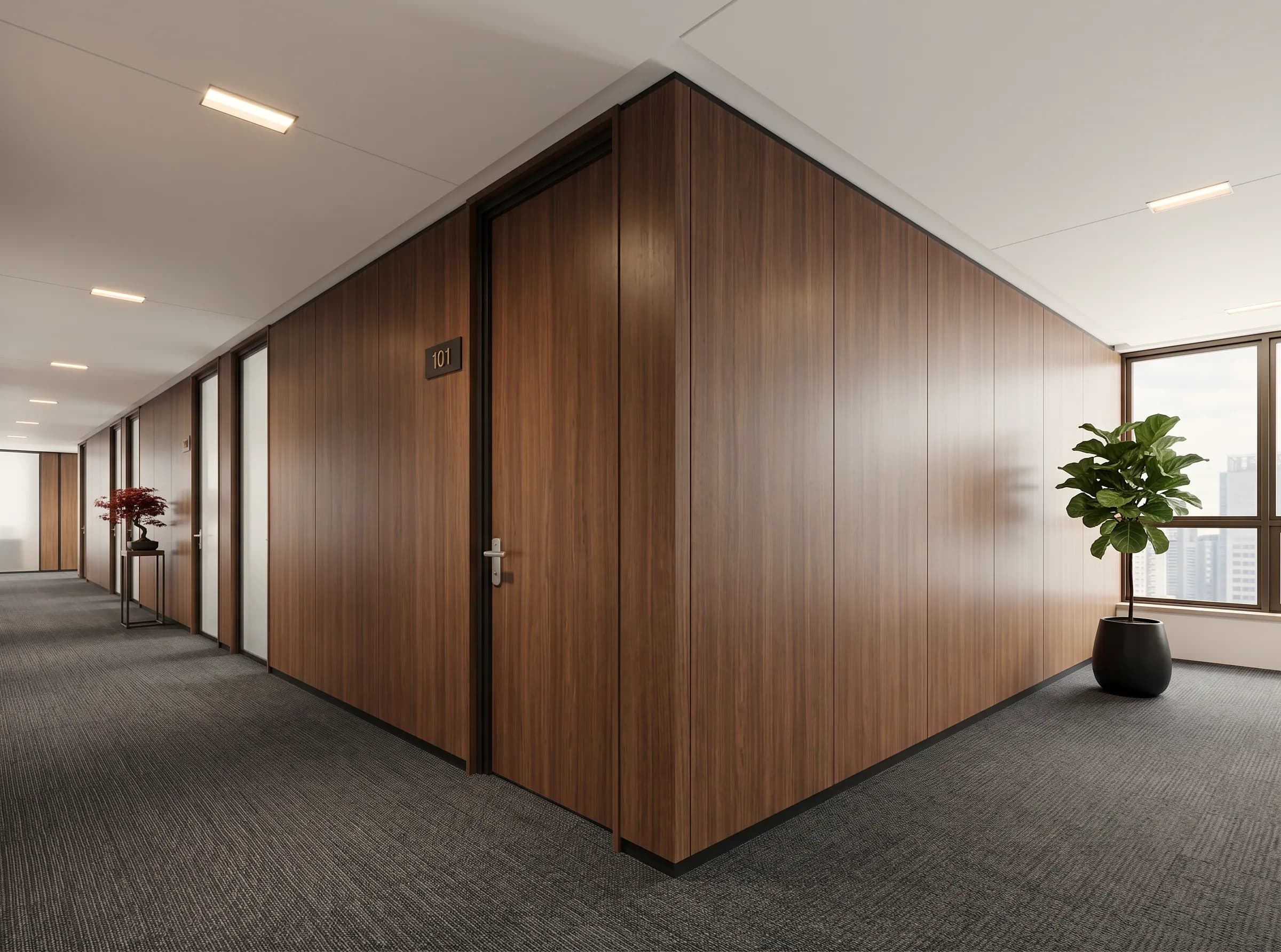 Parete divisoria modulare con pannelli ciechi in melaminico effetto legno, porte integrate e profili scuri.