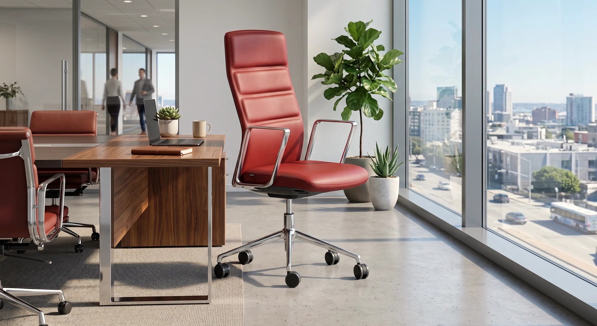 Momentum Executive in pelle rossa, schienale imbottito a fasce, braccioli con pad rivestito.