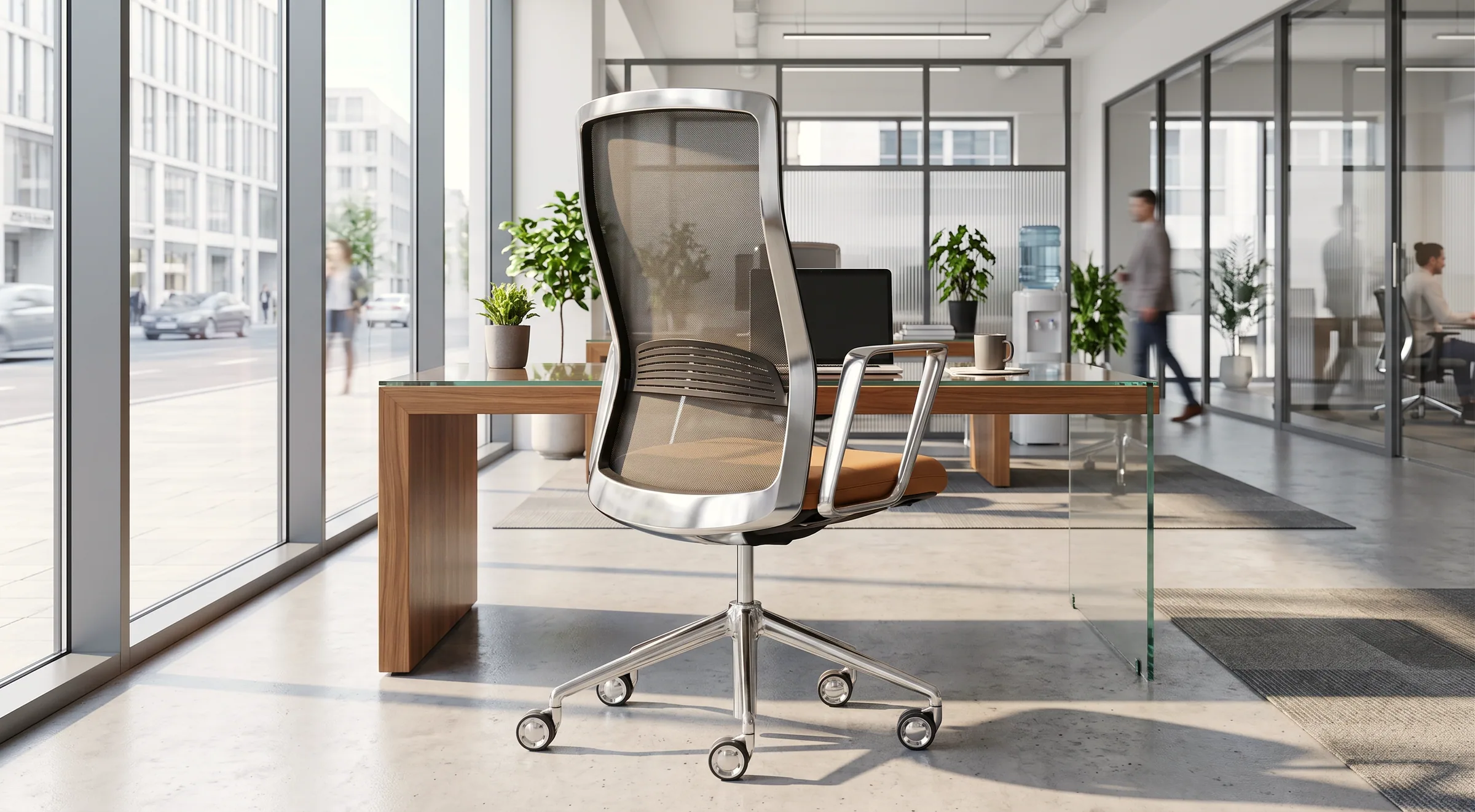 Momentum Executive con schienale in rete, cornice in alluminio lucido, sedile cuoio, braccioli fissi.
