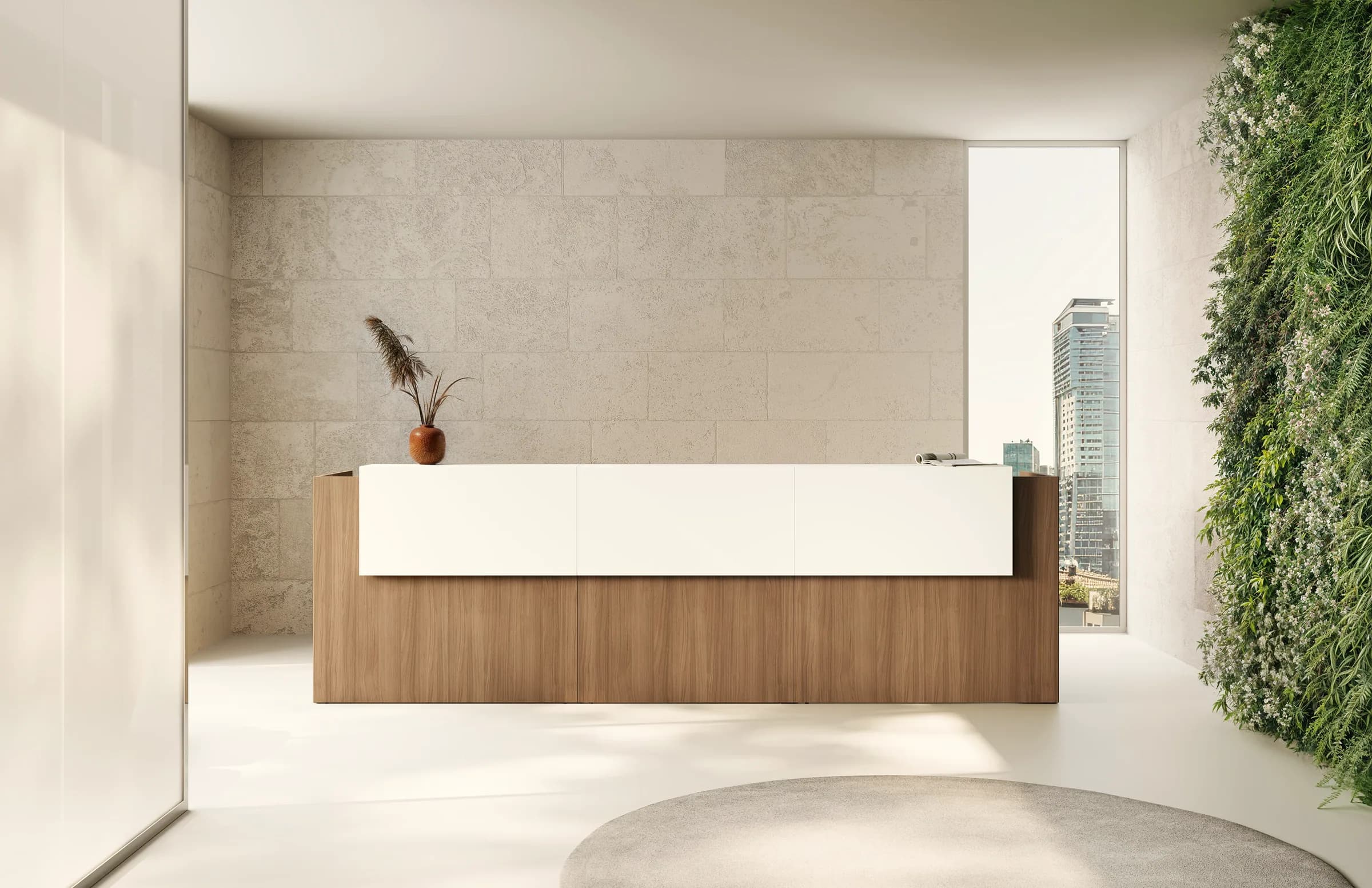 Bancone reception Dot con base in rovere chiaro e mensola a tre moduli.