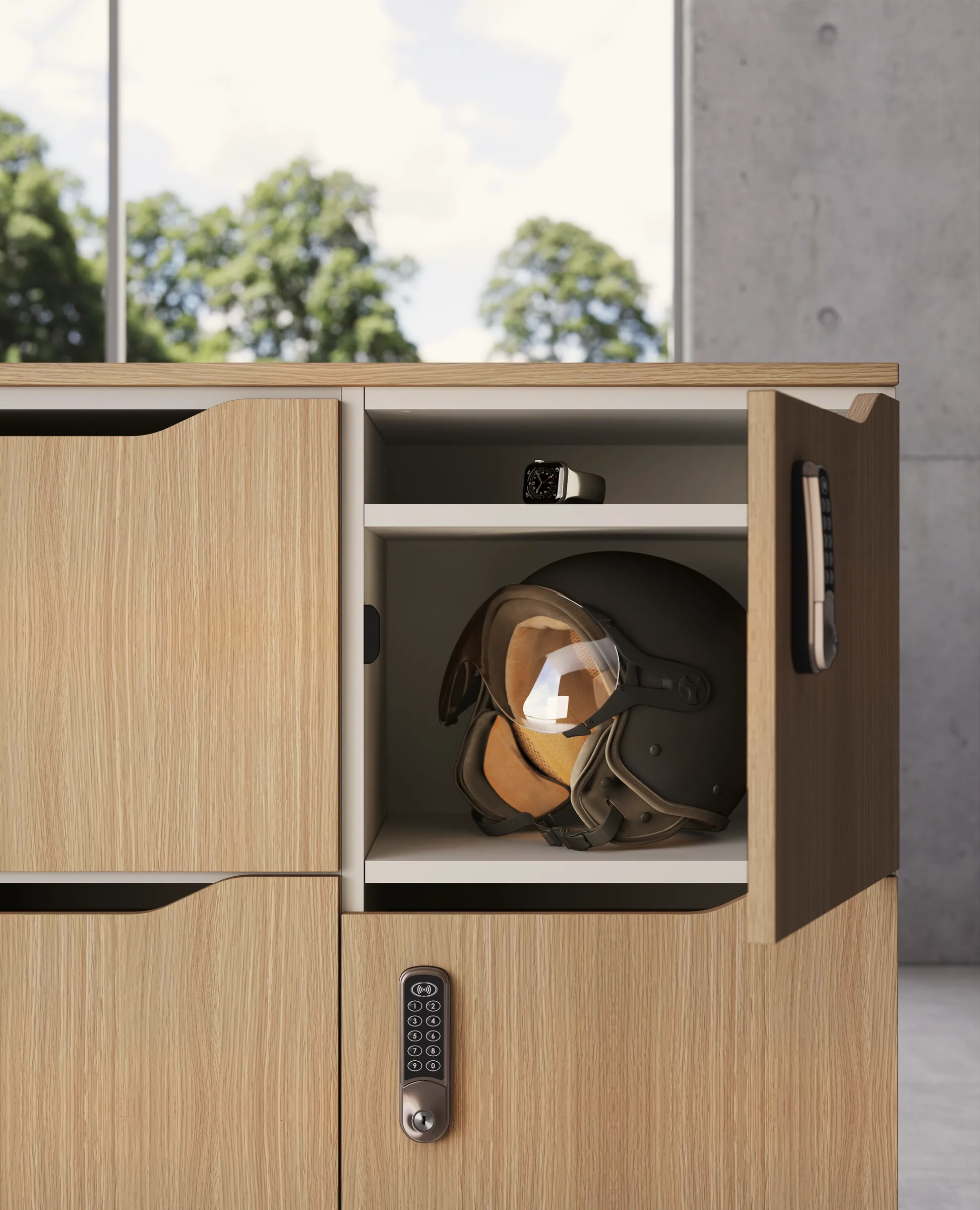 Locker in legno con vani individuali, serratura e spazio interno per oggetti personali.