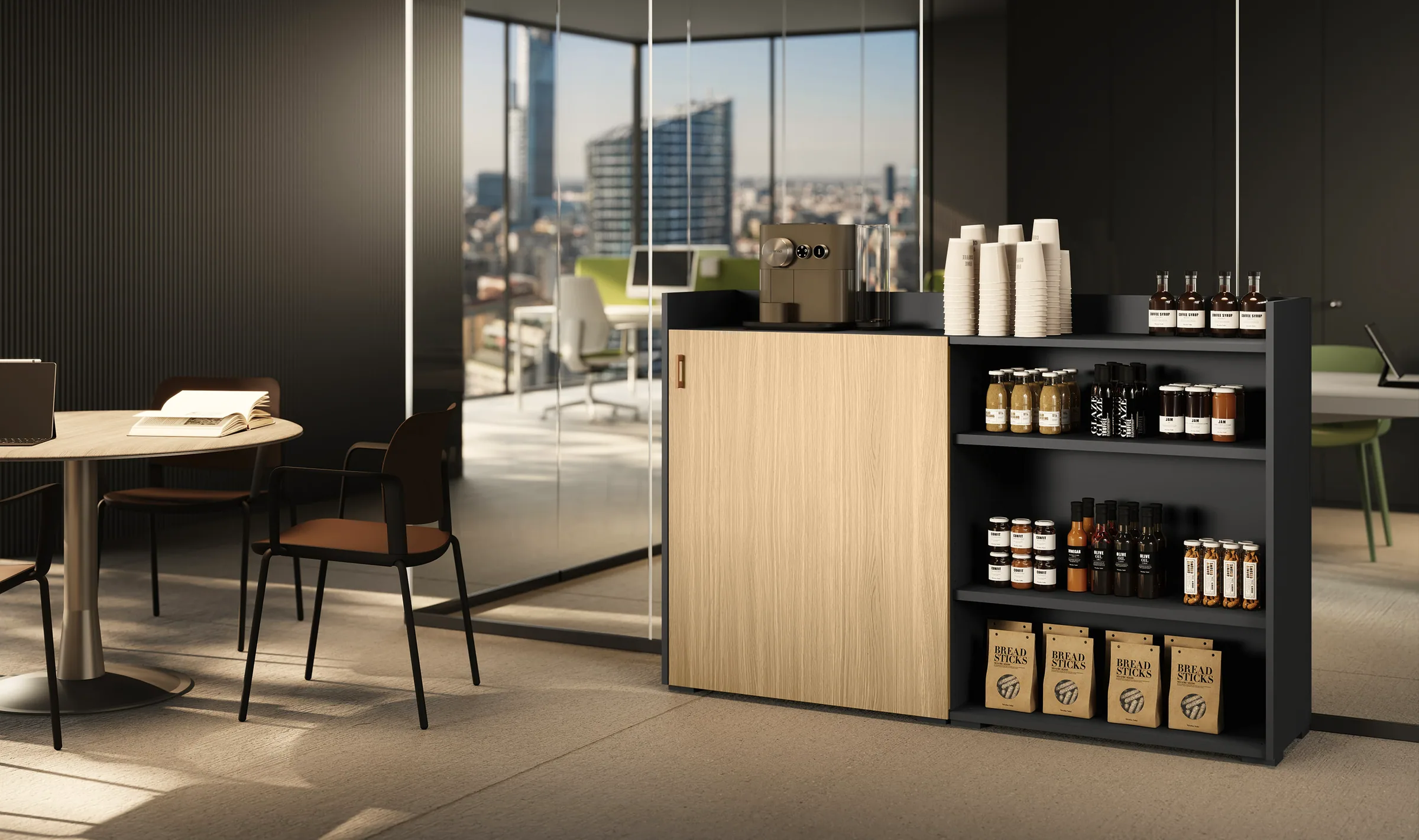 Mobile contenitore per area break con macchina da caffè, bicchieri, bevande, snack e vani organizzati.